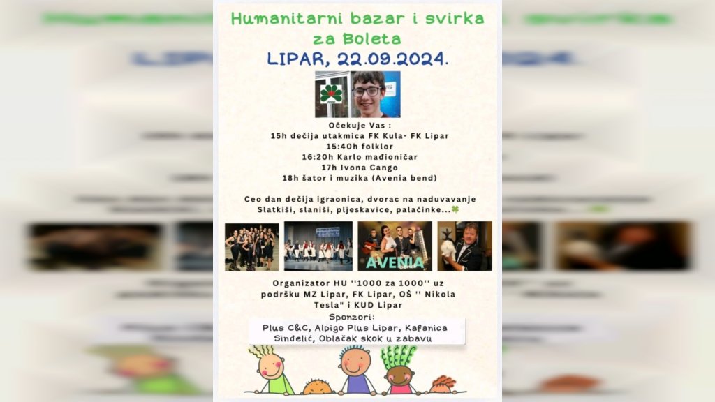 U nedelju u Liparu humanitarni bazar i svirka za Boleta