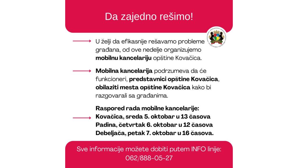 Mobilna kancelarija opštine Kovačica počinje sa radom