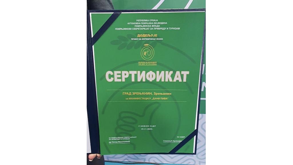 Grad Zrenjanin dobio sertifikat „Najbolje iz Vojvodine“
